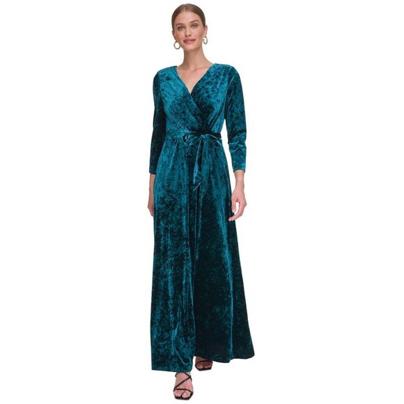 DKNY Womens Crushed Velvet Long Gown Dress Green NWT